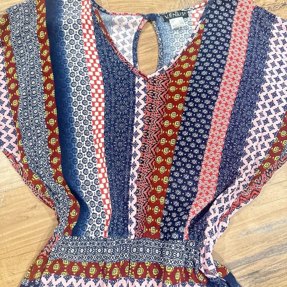 VENUS Multicolor Striped V-Neck Short Jumpsuit - Navy, Pink, Brown - Picture 5 of 11
